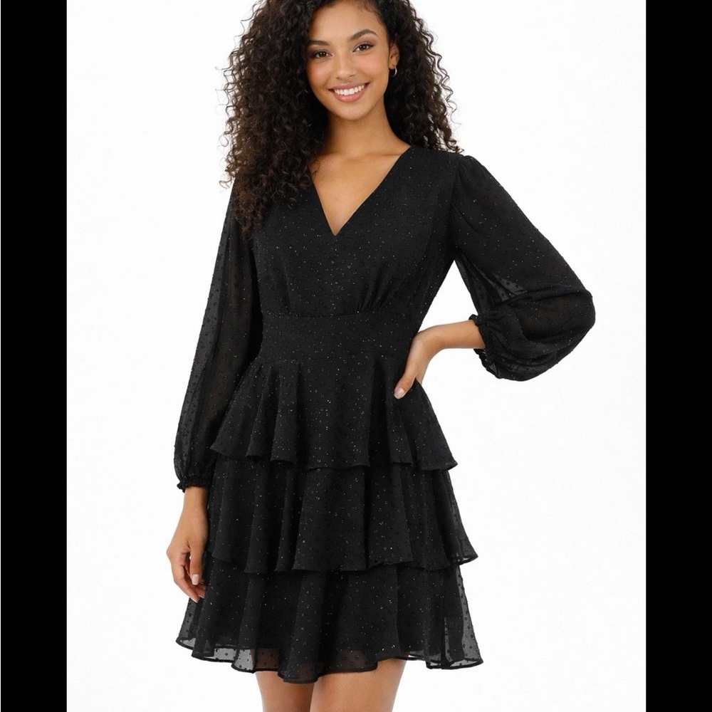 MSK Tiered Swiss Dot Shimmer Black Dress Size 1X Coquette Cottage Core